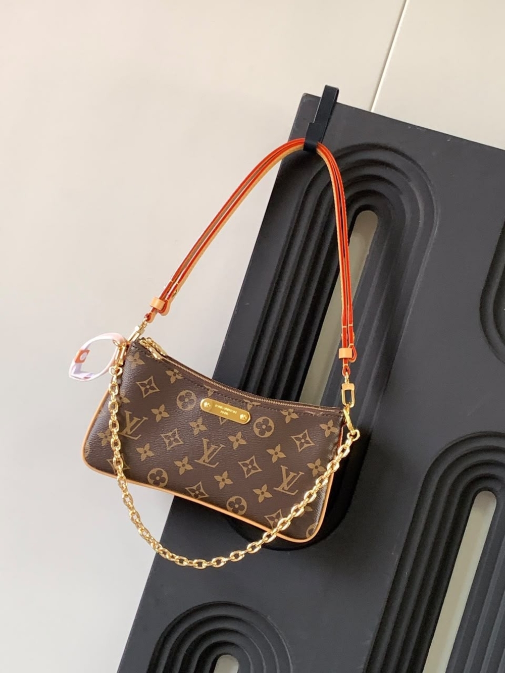 Louis Vuitton Monogram Canvas Mini Shoulder Bag with Orange Strap and Gold Chain